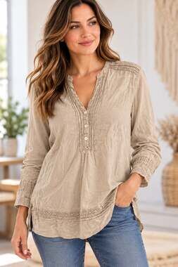 Noelle Women’s Beige Cotton Lace Trim Boho Tunic Blouse Size L/XL